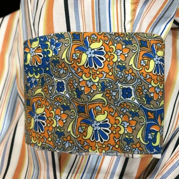 Thomas Dean Mens Large Multicolored Striped Flip Cuff Button Up Collar Shirt L - Picture 5 of 11